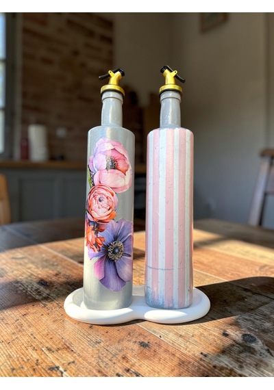 750 Ml Büyük Boy El Yapımı Cam Yağdanlık Sirkelik 2'li Set Çiçek Desenli Ve Çizgili Dekoratif Zeyt Pembe Ve Beyaz