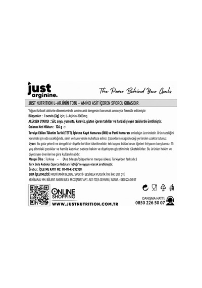 Just Nutrition L-arginine 126 Gr L-arjinin 42 Servis + Shaker + Protein Kahve Hediyeli Aromasız