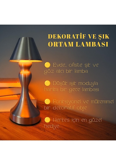 Upway Sarjlı Ayarlanabilir Işıklı 3 Modlu Retro Silver Metal Dokunmatik Fonksiyonel Masa Lambası Gümüş