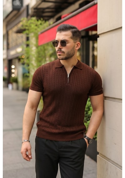 Efnaz Style Erkek Örgü Desen Fermuar Yakalı Triko Tişört Kahverengi