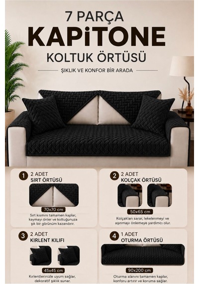 7 Parça Kaymaz Taban Kapitone Koltuk Örtüsü Takımı Çekyat Kanepe Seti Siyah Siyah