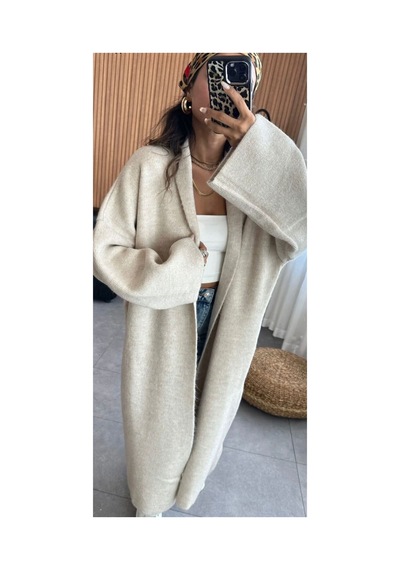 İkrafashion Maxi Boy Uzun Tesettür Triko Hırka Krem Krem