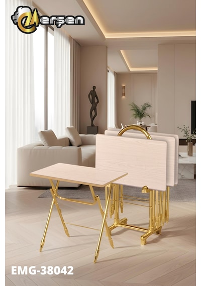 Eranş Serisi 4'lü Katlanır Mdf Mebran Ahşap Çanta Zigon Sehpa Gold Ayak Açık Ahşap Desen Gold Ayak