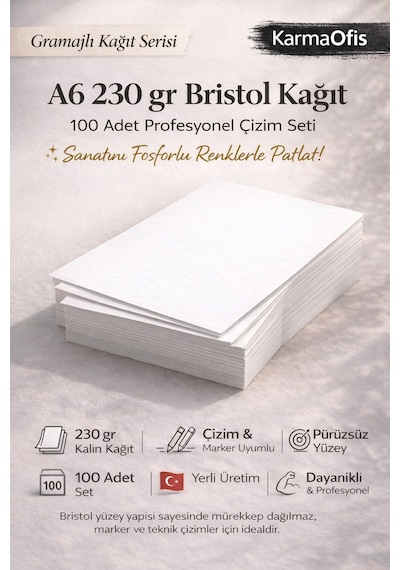 A6 230 Gr Bristol Kağıt 100 Adet Kalın, Pürüzsüz, Marker & Teknik Çizim Uyumlu