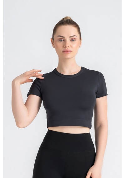 Kadın Antrasit Crop T-shirt Kısa Kollu, Bisiklet Yaka, Tüylenme Siyah