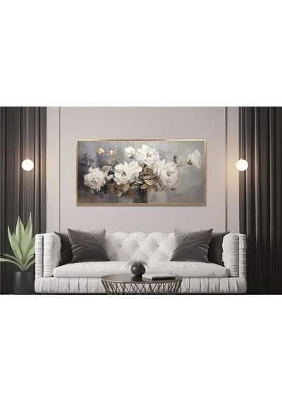 Yağlı Boya Dokulu Tablo Vazoda Beyaz Modern Çiçekler Altın Çerçeveli U02035-178889