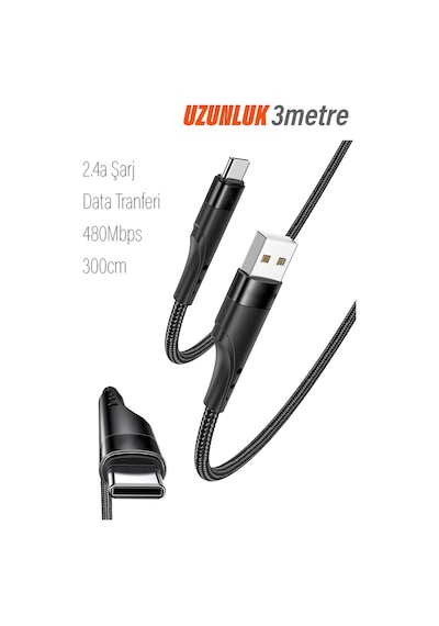 Exenar - Siyah - 3 Metre Usb Type C Kablo 2.4a 3m Uzun Usb-c Kablo Şarj Ve Data Kablosu