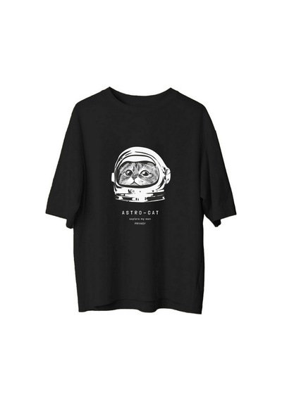 Paybuy Kadın Oversize Astronot Kedi Baskılı Kısa Kollu Tişört Mizahi Uza Siyah