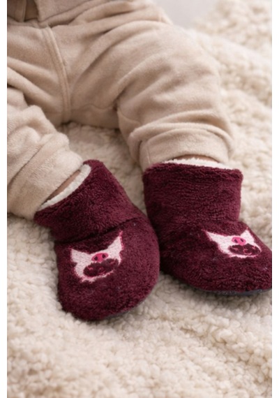 Pufien Bebek & Çocuk Kaydırmaz Tabanlı Ev Botu / Panduf / Kışlık Peluş Bot / Sevimli Desen - Bordo