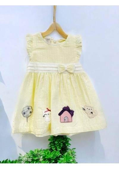 Zekids Kız Bebek Fiyonklu Patch Nakışlı Elbise-14527 Sarı