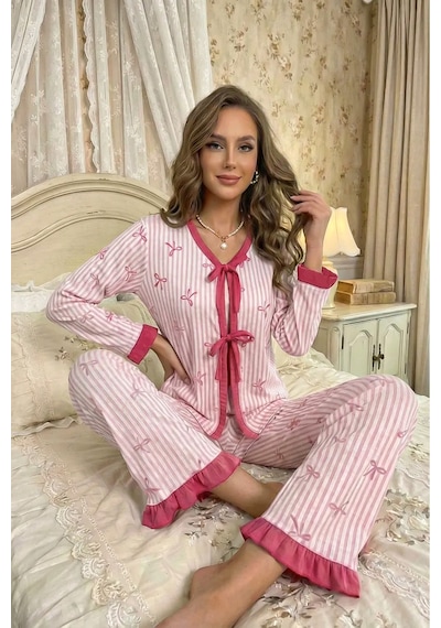 Bella Notte Mevsimlik Uzun Kollu Fiyonk Baskılı Uzun Pijama Takımı Pembe