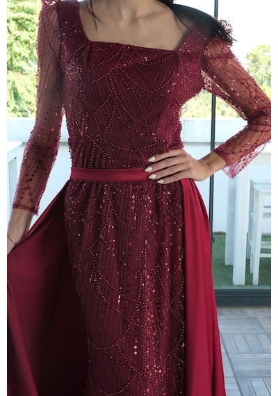 Feminist Bordo Boncuk İşlemeli Tül Kol Detaylı Uzun Abiye 9705463.04 Bordo