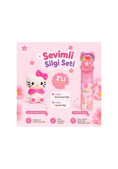 Sevimli Kedi Figürlü Kalemtıraşlı Silgi Ve Ruj Silgi Seti 2'li Avantajlı Kırtasiye Seti