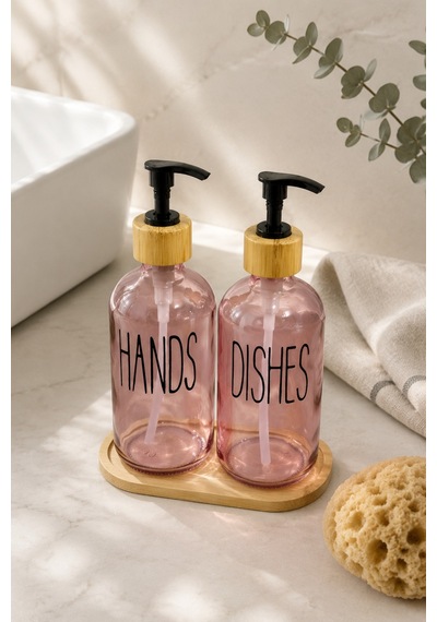Relly Bambu Standlı İkili Cam Sabunluk Seti 2 X 500 Ml Hands & Dıshes Pembe