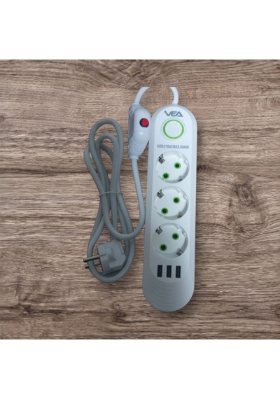 Akım Korumalı 3'lü Grup Priz 3 Usb Çıkışlı 1.5 Metre Kablosu