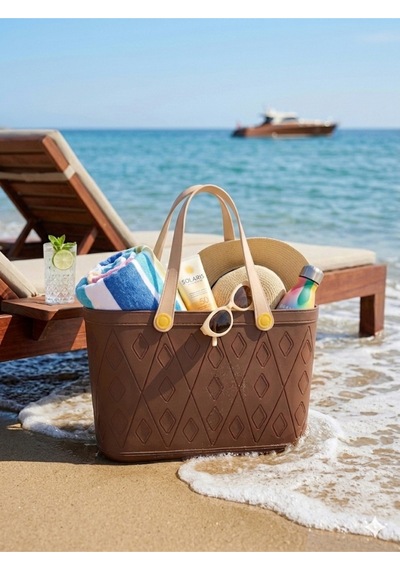 Deri Görünümlü Çok Amaçlı Kulplu Plastik Organizer Sepet El Çantası Plaj Çantası, Piknik Sepeti, Dekoratif Sepet Kahverengi