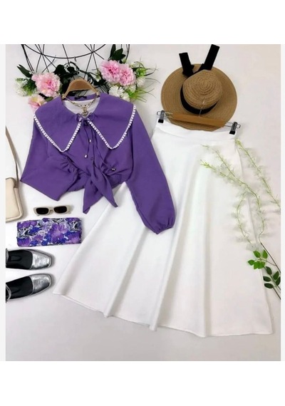 Lovie Moda Kadın Yaka İşlemeli Etekli Takım Mor