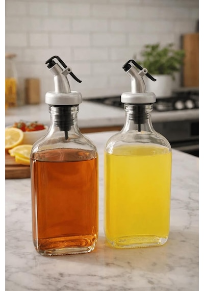 2'li Şeffaf Cam Yassı Yağdanlık - Sızdırmaz Tıpalı 200ml. Sirkelik Sosluk Çok Renkli