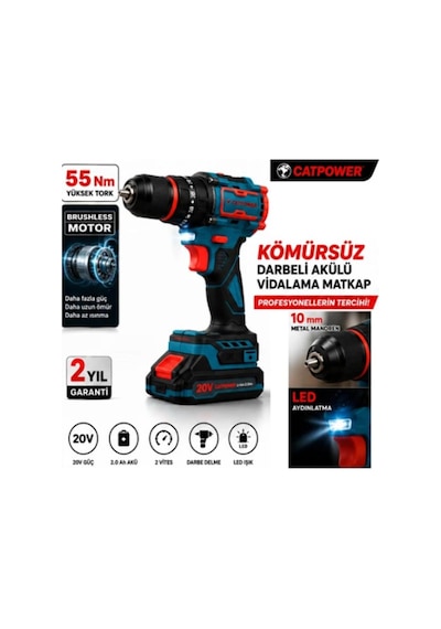 Catpower 1050 Kömürsüz Darbeli Şarjlı Matkap Vidalama 20v 2.0ah 55 Nm Brushless Çift Akülü 70 Parça