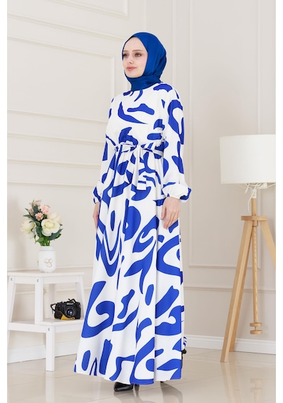 Sevitli Geometrik Desenli Elbise-beyaz-3895 Beyaz