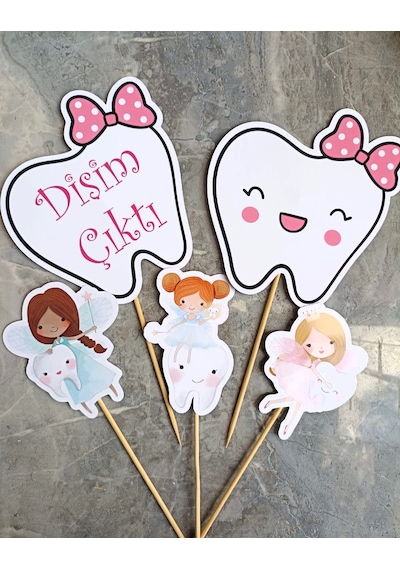 32 Parça İlk Dişim Çıktı Diş Buğdayı Seti Banner Pasta Kürdanı Cupcake Süsü Seti Pembe