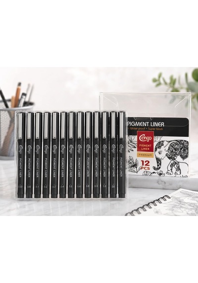 12'li Pigment Liner Teknik Çizim Kalemi Seti Eskiz, Mimari Çizim Ve İllüstrasyon Seti, Suya Dayanıklı Siyah M Genel