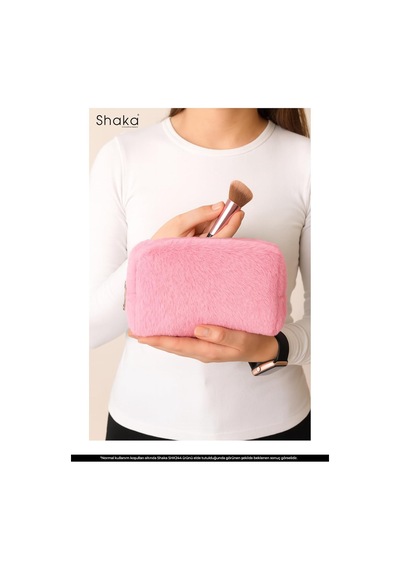 Pembe Shk244 Peluş Kumaş Fermuarlı Tek Bölmeli Seyahat Ve Makyaj Çantası,pembe
