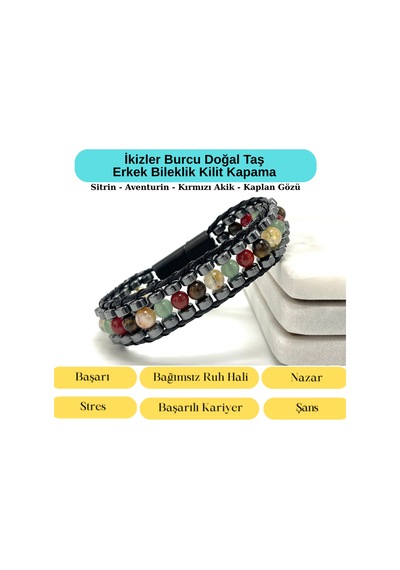 Sertifikalı İkizler Burcu Disk Model Doğal Taş Erkek Bileklik Mıknatıslı Kilit Çok Renkli