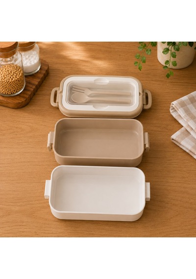 3 Katlı Çatal Kaşıklı Beslenme Ve Yemek Saklama Kabı Krem
