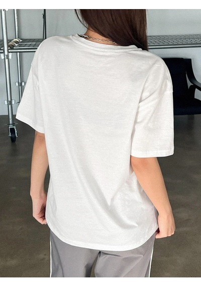 Kadın Beyaz Oversize Extraordinarily Baskılı Örme T-shirt Beyaz