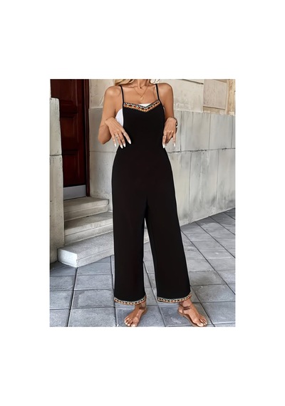 Butik İstanbul Kadın Ip Askılı V Yakalı Etnik Serit Desenli Cep Detaylı Janjan Krep Tulum Siyah