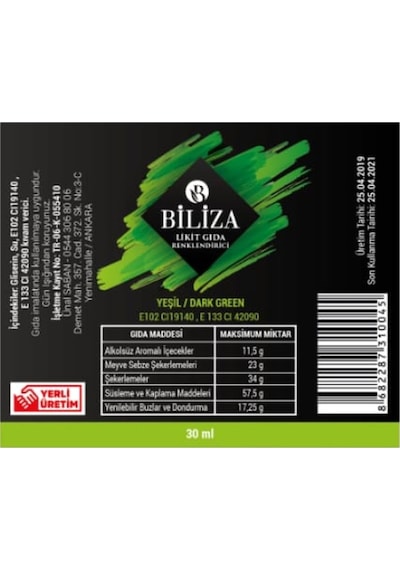 Biliza Sıvı Gıda Boyası Yeşil 30 ML