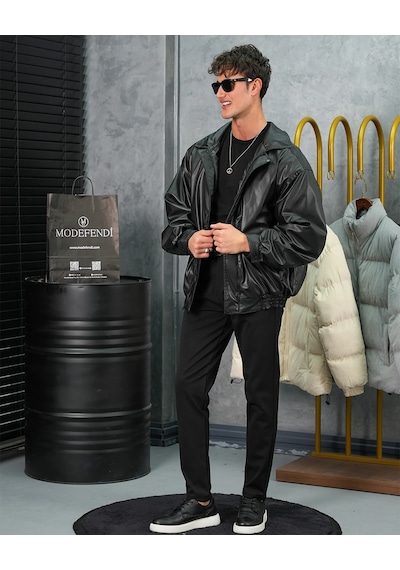 Modefendi Yüksek Kalite Bomber Oversize Deri Mont Siyah