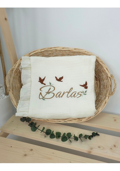 Gros Shop Müslin Yeni Doğan 4katlı Organik %100pamuk Kişiye Özgü Nakışlı Hastane Çıkış Seti 3'lü Kelebk Model Ekru-3