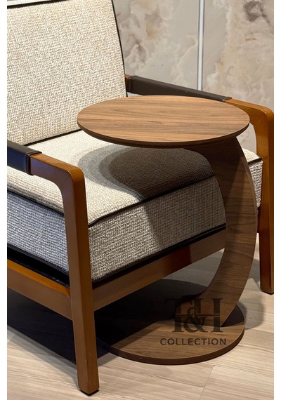 Yuvarlak C Sehpa Ceviz, Tekerlekli C Sehpa, %100 Mdf Yan Sehpa