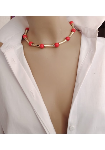 Rio Nar Çiçeği Gold Choker Kolye Renkli
