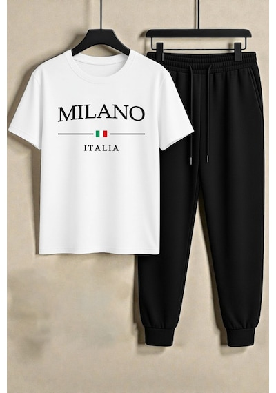 Uyguntarz Unisex Milano Italia Tasarım Baskılı Tişört - 2'li Eşofman Takımı Beyaz