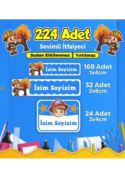Sevimli İtfaiyeci Temalı Okul Kreş Kişiye Özel İsim Etiket Seti - Model 317 Çok Renkli
