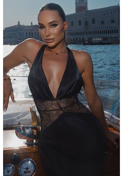 Alya Dantelli Saten Elbise - Siyah