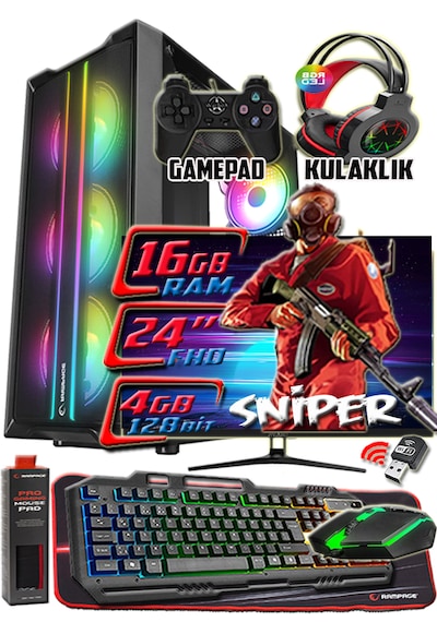 Warbox Sniper i5-3350P 16 GB 256 GB + 250 GB 4 GB R7240 24"W10P Masaüstü Oyuncu Bilgisayarı