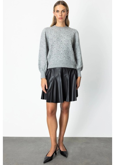 On Fashion Kadın İncili Baklava Desenli Gri Kazak 63316 Gri