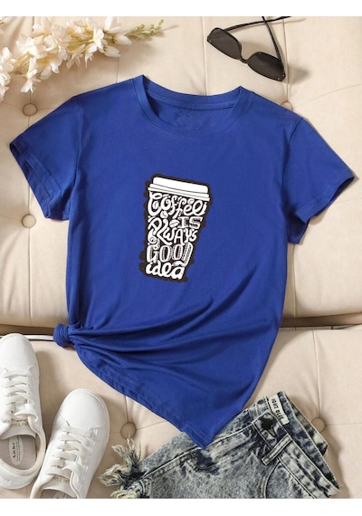 Uyguntarz Unisex Kahve Severlere Özel Tasarım Basklı Tshirt Mavi