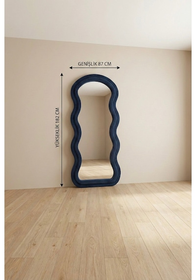 Ayaklı Kumaşlı Boy Aynası - Modern Dalgalı Tasarım Büyük Boy Ayna 182x87 Cm Siyah
