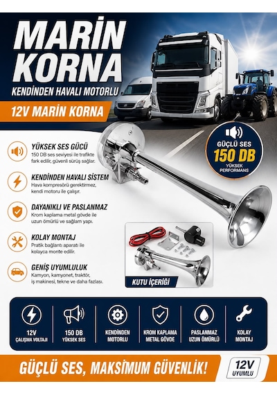 12v Marin Korna Kendinden Motorlu 150 Db Krom Korumalı Yüksek Sesli Universal