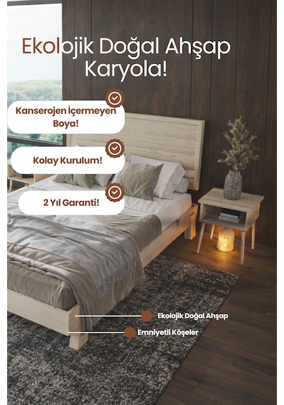 Hüma Yatay Başlıklı Masif Ahşap Karyola Beyaz 100x200
