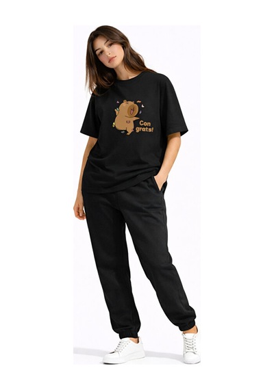 Sevgili Kombini Sevimli Ayı Baskılı Çift Tişört Oversize Unisex P Siyah