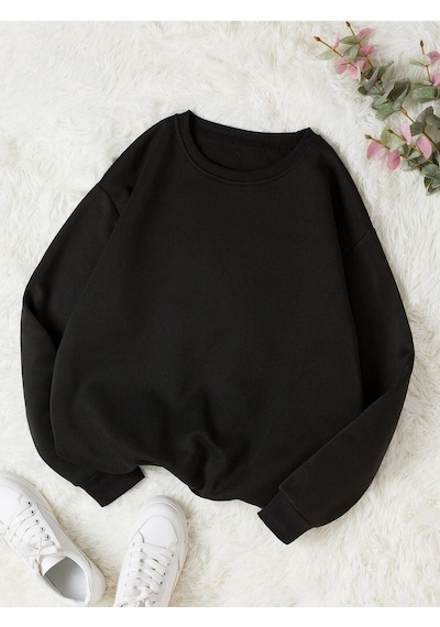 Baskısız Düz Sweatshirt - Siyah Kalın Kışlık Şardonlu Uzun Kol Oversize Bisiklet Yaka Siyah