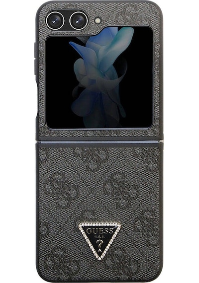 Galaxy Z Flip 5 Uyumlu Kılıf Guess Lisanslı Pu Deri Taşlı Üçgen Logo 4g Desenli Strass Siyah