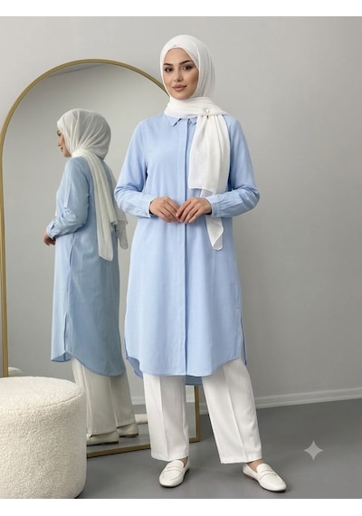 Lovie Moda Basic Oversize Tunik Gömlekli Takım Mavi
