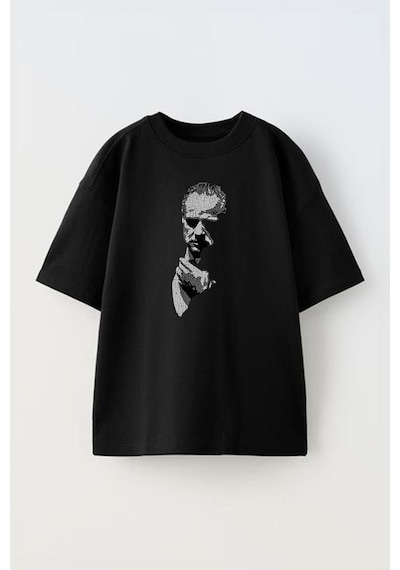 Thewert Unisex The Godfather Gri Cizim Tasarım Baskılı Pamuk Sıyah Oversize T-shirt Siyah